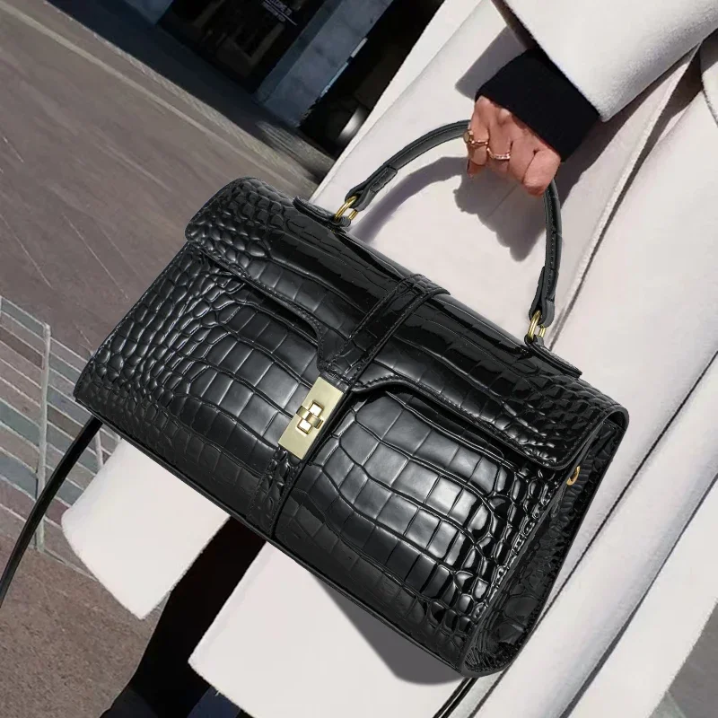 

2024 New Fashion Women Handbag Genuine Leather Middle-Aged Mother Boston Pillow Bag Crocodile Pattern Shoulder Messenger Bags