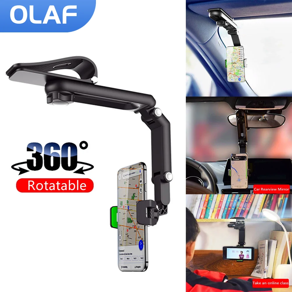 

1080° Rotatable Car Rearview Mirror Phone Holder Sun Visor Cellphone Mount Stand For Car Telescopic Auto Mobile Phone Support