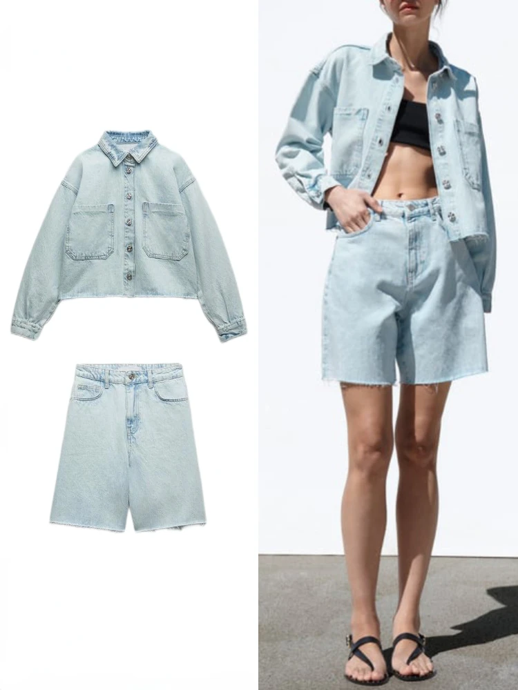 

Women's New Lapel Long Sleeve Single Breasted Unstitched Hem Short Denim Jacket Washed High-waisted Straight Leg Long Shorts