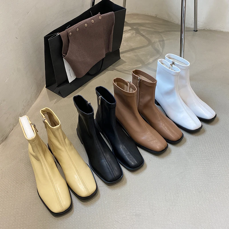 

Женские ботильоны на низком каблуке, черные, белые, коричневые или желтые полусапожки с боковой молнией, Размеры 35-39, для зимы