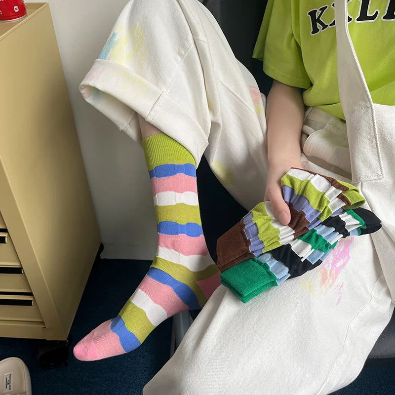 Spring/Summer New Socks with Stripes in the Middle Tube, Korean Student Pile Socks, Pure Cotton