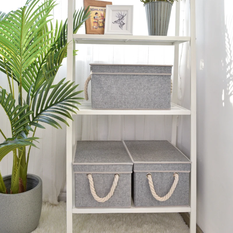 

3 Gallon Foldable Fabric Storage Bins with Lid and Cotton Rope Handles, Gray, 3 Count