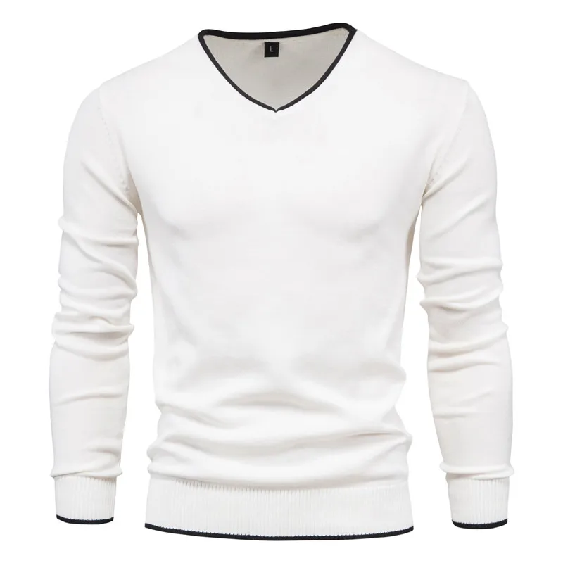 Casual Pull Men Clothing 2022 100% Cotton Pullover V-Neck Men Sweater Solid Color Long Sleeve Autumn Slim Sweaters Men Homens