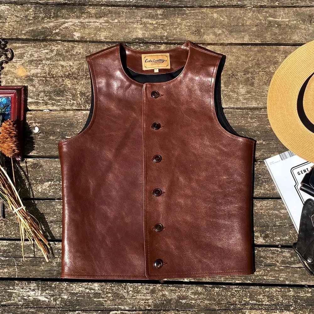 

Жилет из телячьей кожи без покрытия, с круглым воротником, 1910s, в стиле ретро, мужской кожаный жилет