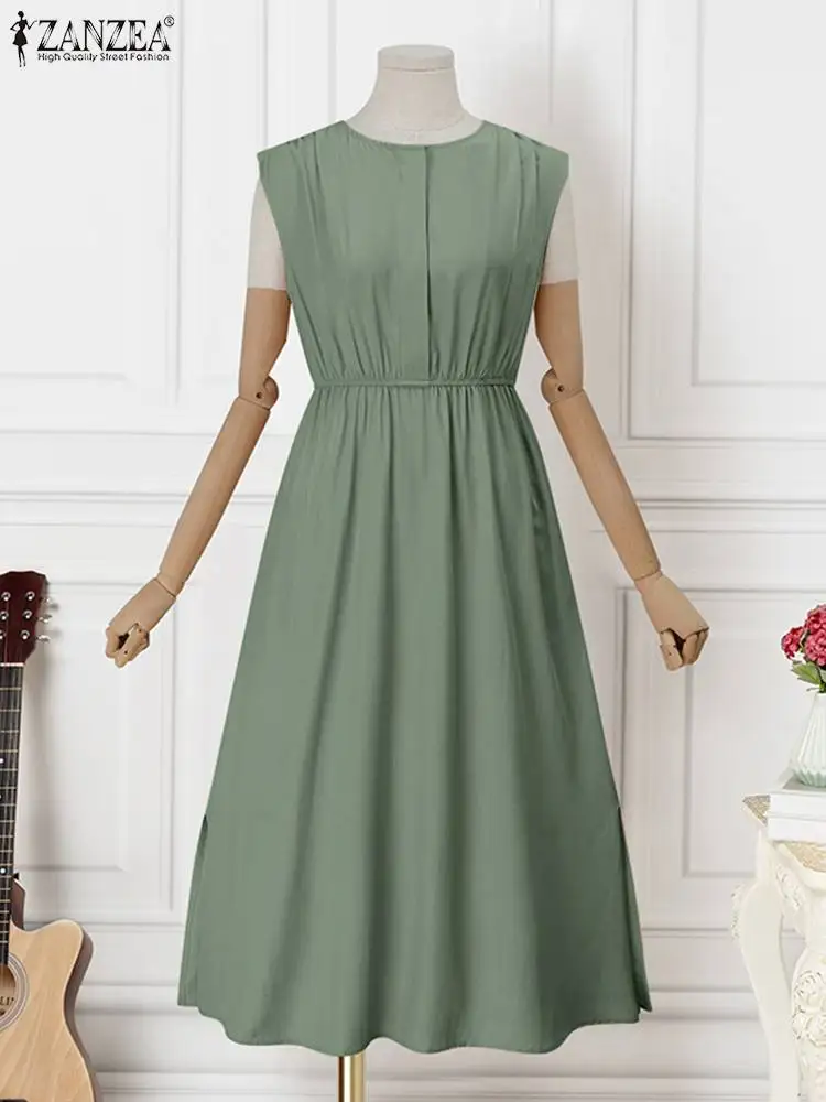 

ZANZEA Casual Elastic Waisted Side Slit Tank Dresses Sleeveless Midi Dress Women 2023 Summer Solid Color Commute O-neck Sundress