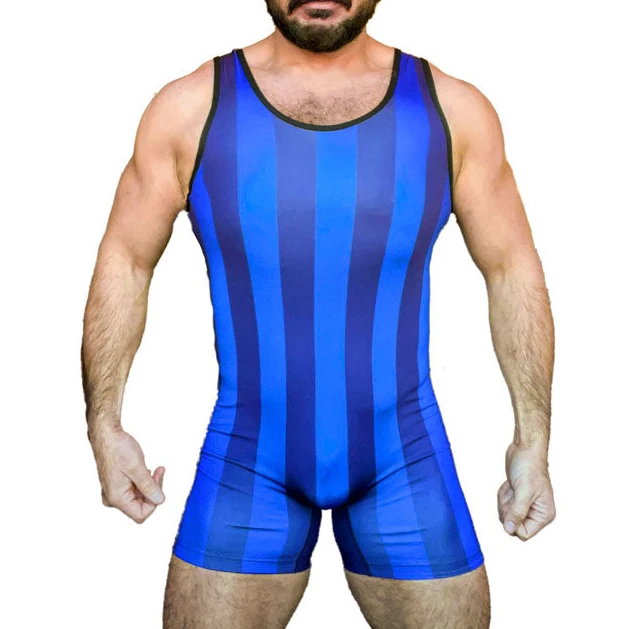 Blue Vertical Stripes Wrestling Singlet Bodysuit Leotard Outfit Underwear GYM Triathlon PowerLifting Swimming Running Skinsuit