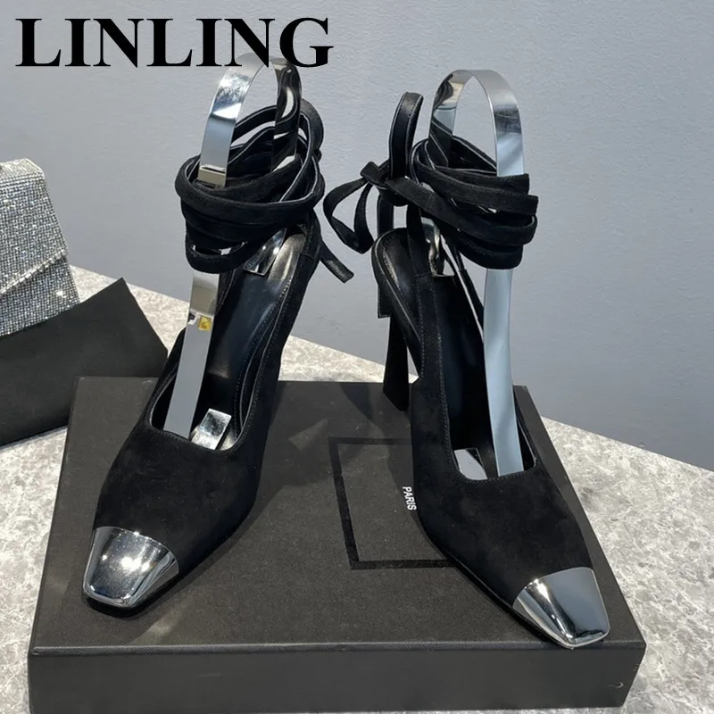 

Босоножки женские замшевые на шнуровке, с металлическим носком, на высоком каблуке