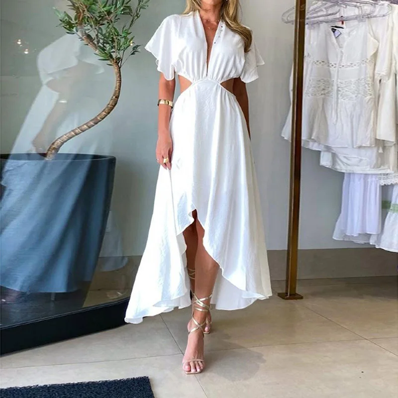 

Casual Summer Women Waist Party Dress 2023 Office Fashion Hollow White Dress Chic Ruffle Sleeve Pleated Deep V-neck Long Dress