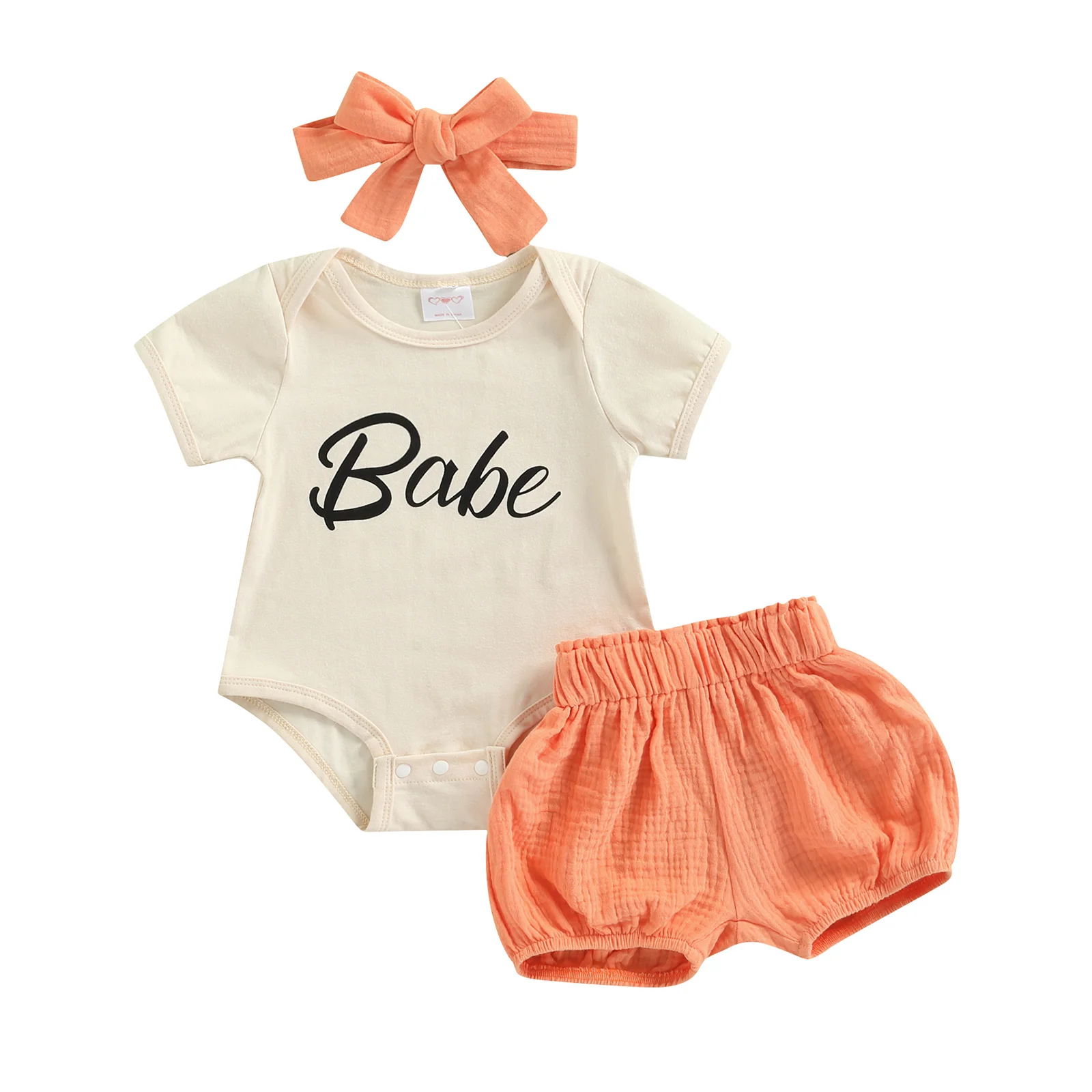 

Lovely Kids Baby Girls Clothing Shorts Set Round Neck Buttoned Crotch Bodysuit Elastic Waist Solid Color Shorts with Headband