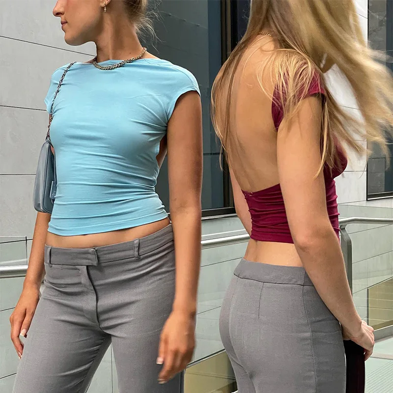 

2022 Summer Girls Sexy Solid T-Shirt Hollowed Backless Top Tight Short Sleeve Half High Neck Women Tops