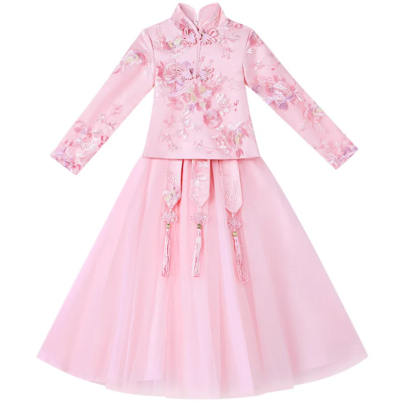 Детский осенний костюм ханьфу в китайском ретро-стиле с вышивкой бахромой