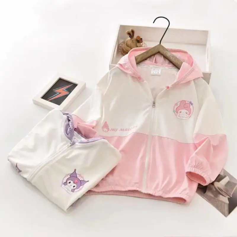 

Kawaii Sanriod аниме My Melody Kuromi детская Солнцезащитная Одежда дышащая УФ Защита с капюшоном Солнцезащитная одежда