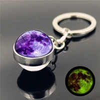 fashion time gem glow in the dark key chain fluorescent moon double sided glass ball key ring car bag pendant keychain jewelry