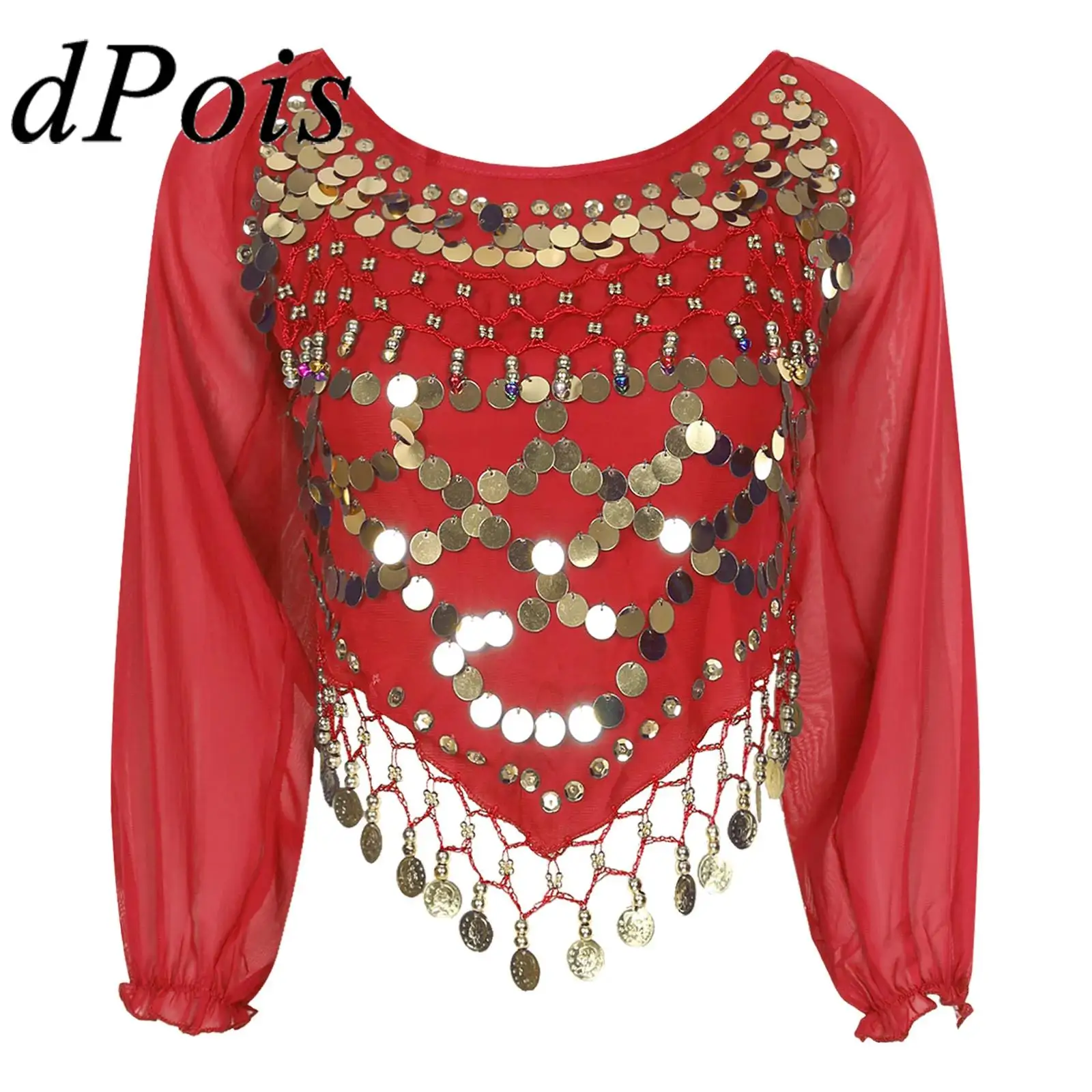 

Womens Belly Dance Tops Lace-up Back Chiffon Long Sleeve Tassel Crop Top Holiday Clothes Carnival Stage Performance Costume