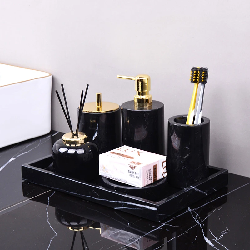 Фото Черный Nero Marquina Натуральный мрамор Набор для ванной комнаты Роскошный дозатор мыла Туалетная щетка Поднос Наборы аксессуаров для ванной комнаты №1