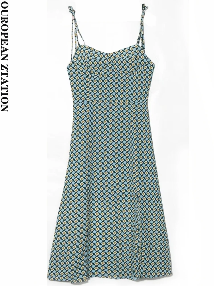 

PAILETE Women fashion french rhombus print side slit midi dress vintage backless adjustable thin straps female dresses mujer