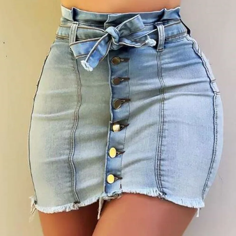 

Harajuku Denim Mini Skirt Ladies Summer High Waist Lace Up Jeans Shorts Skirts Women Denim Bodycon Skirts with Fake Big Pockets
