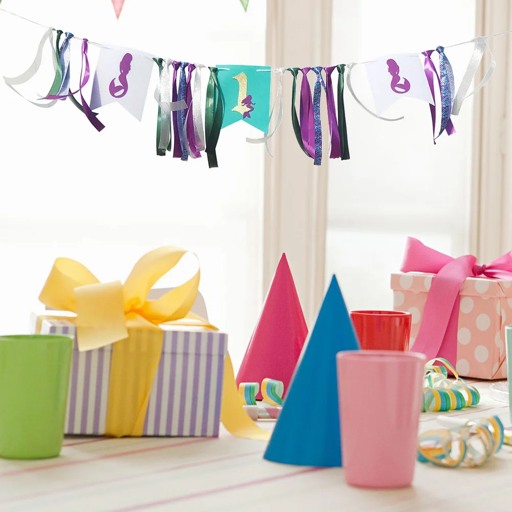 

1pc 1st Birthday Party Girl Highchair Banner Beautiful Under The Sea Dreamlike Ribbons Banner for Party Supplies
