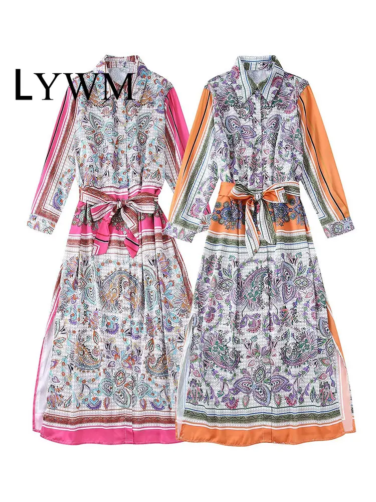 

Женское модное однобортное платье миди LYWM с поясом и принтом, платье с Боковым Разрезом, винтажное платье с лацканами и длинным рукавом, жен...