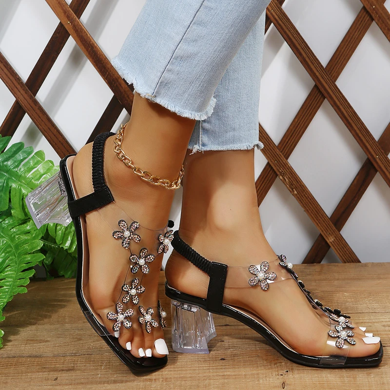 

Size 35-40 Flowers Rhinestone Women's Sandals 2022 New Summer Ladies Shoes Crystal Thick Heel Fairy Wind Transparent High Heels