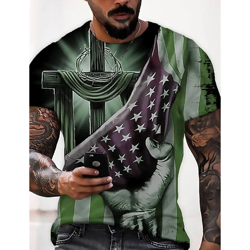 Летняя новая мужская футболка с американским флагом и 3D принтом Мужская дышащая