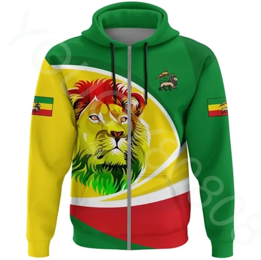 

2022 New Fall Winter Men's Country Flag African Region Printed Zipper Cardigan Hoodie Ethiopian Lion Rasta Zipper Hoodie Top