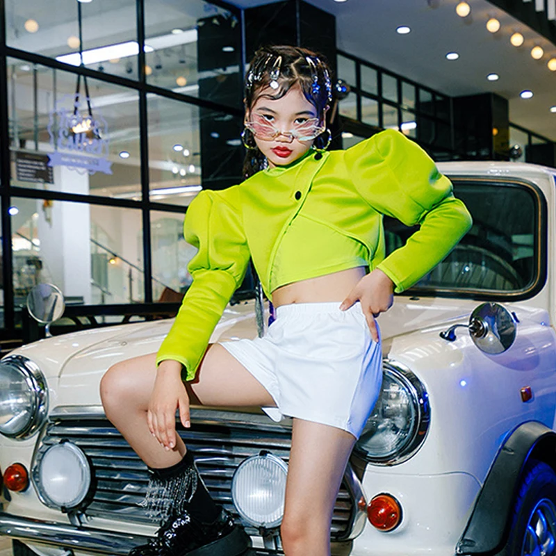 

Детская танцевальная одежда в стиле хип-хоп, топы с флуоресцентными зелеными пышными рукавами для девочек, костюм для джазовых танцев, наряд в стиле K-POP, праздничная одежда DL9940