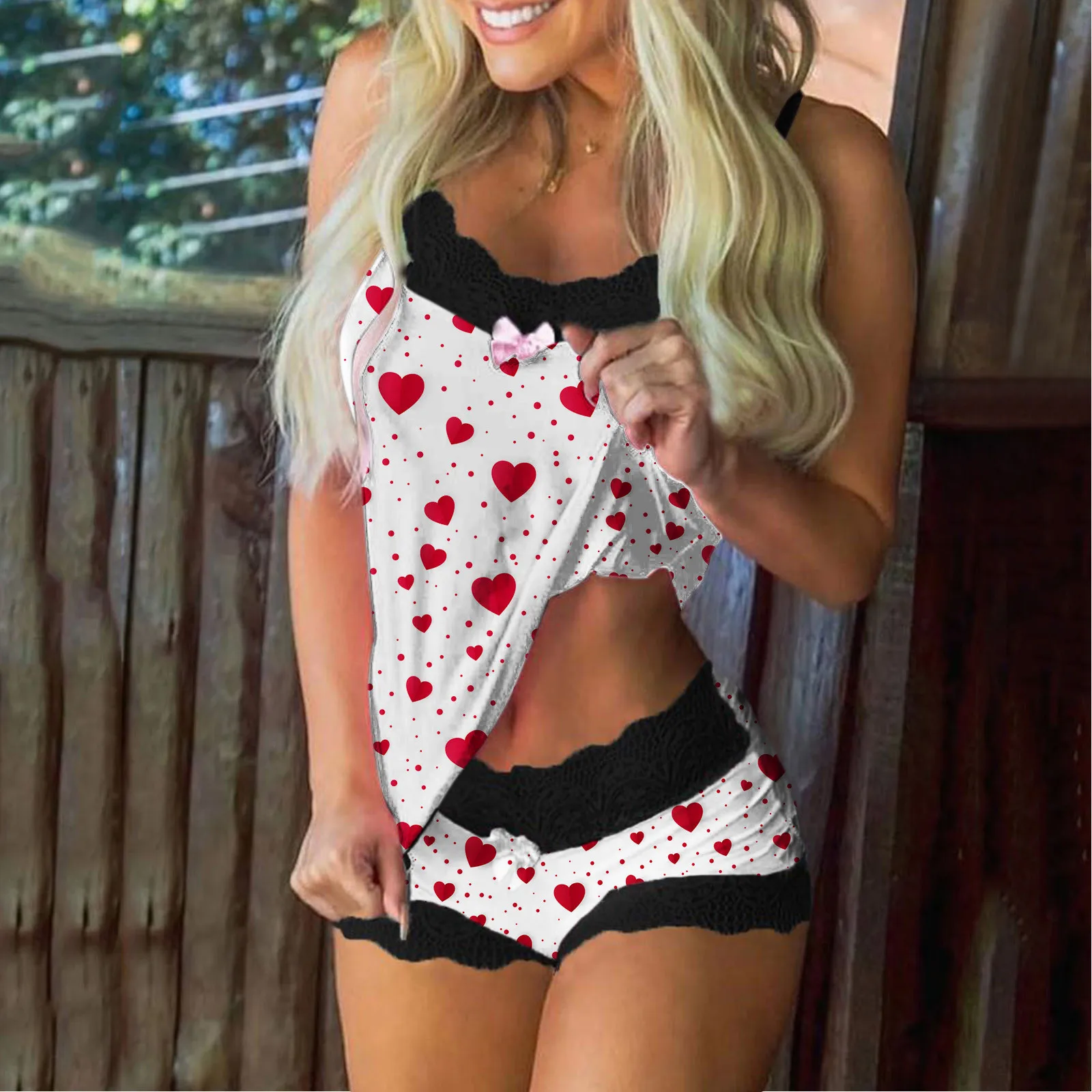 

Women's Underwear Pajamas Heart Print Pijama Sleeveless Lace Cami Shorts Sexy Lingerie Sleepwear Pyjamas Underwear Set Lounge #F