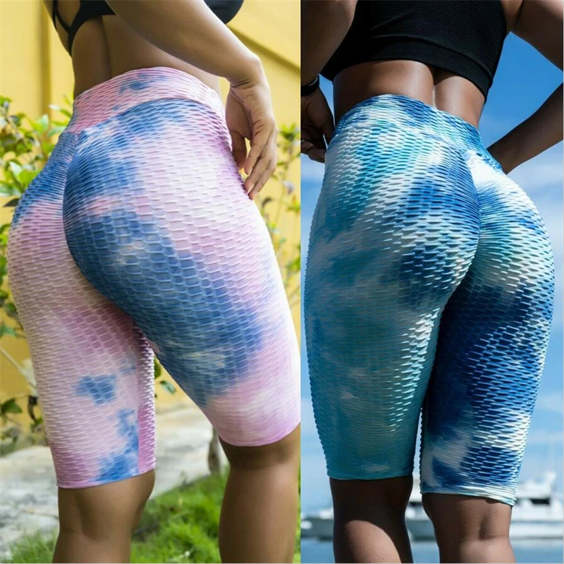 

Women Short Workout Yoga Fitness Ruched Tie-Dye Butt Lifting Sports Biker Shorts For Female High Waist Slimming Legging