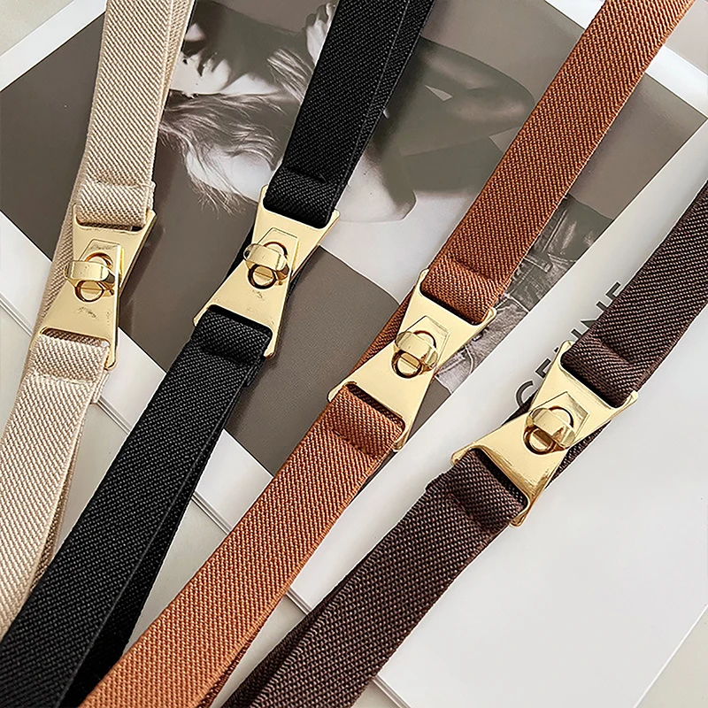 

Fashion Elastic Belts For Women Gold Metal Buckle Thin Belt Casual Ladies Dress Sweater Coat Waistband