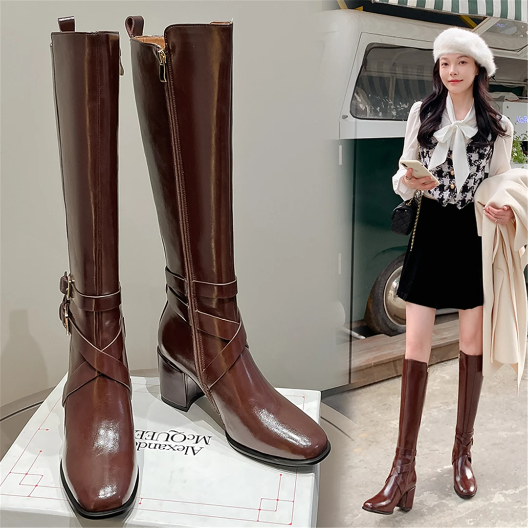 

Fashionable high heeled boots, European and American leather buckle, plump mm temperament, women's single boot, high tube boots,