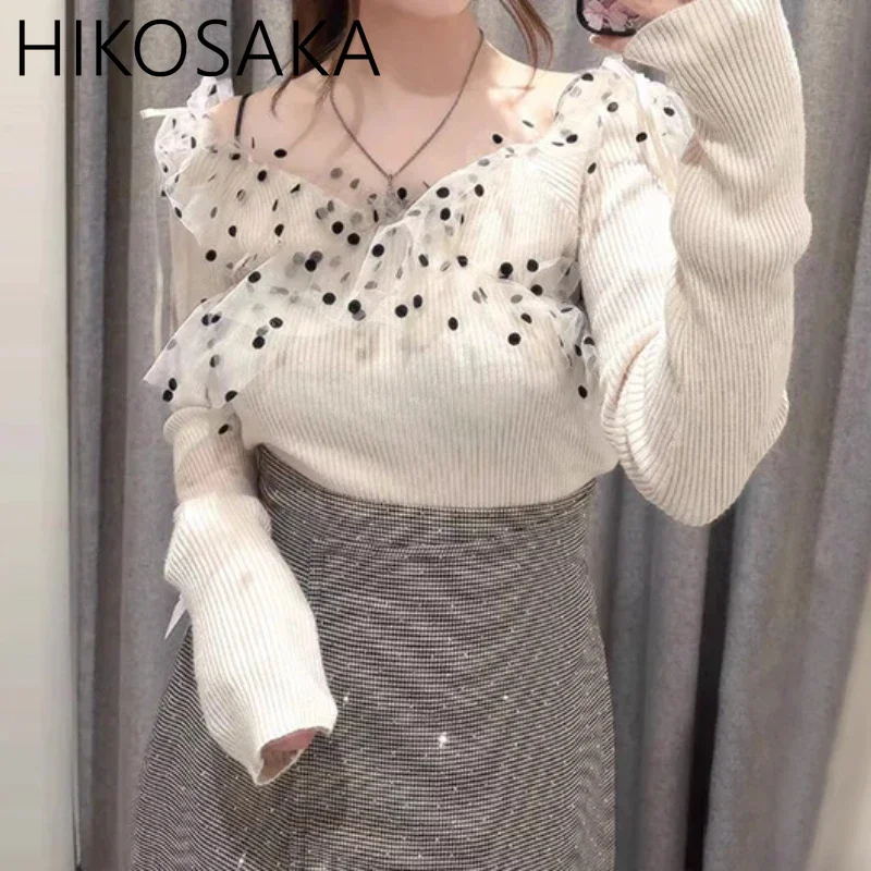 Ретро флокированные сетчатые лоскутные пуловеры с длинными рукавами в горошек