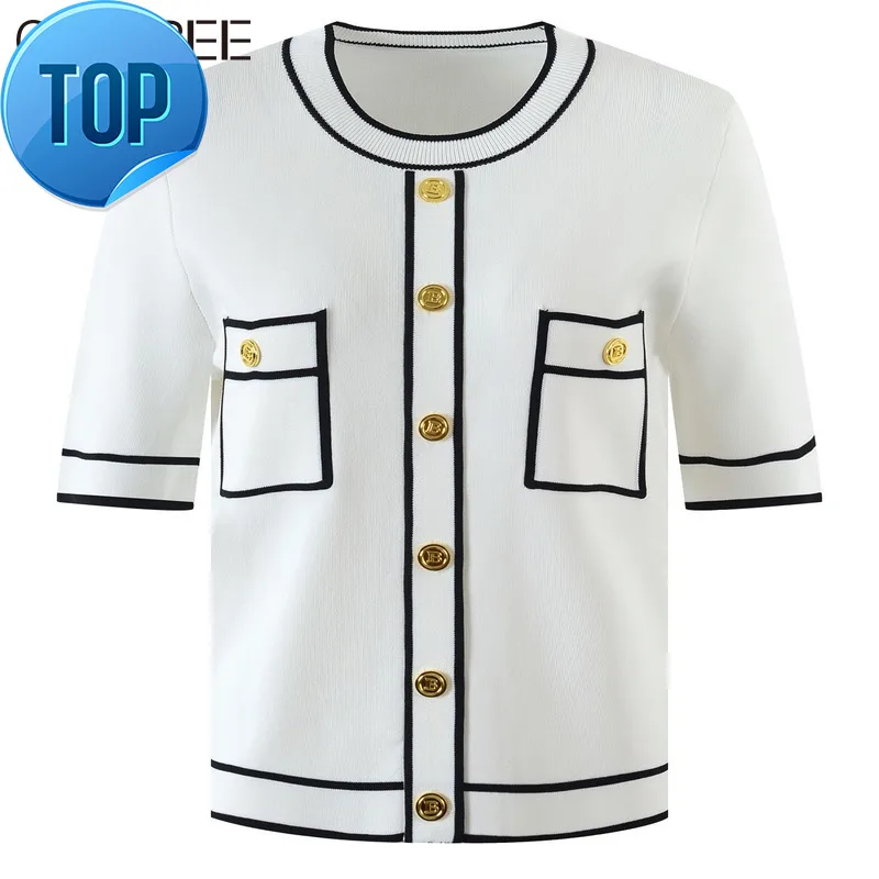 

Buttons Gold Summer Knitwear Luxury Women 2023 Casual Elegant O-neck Short Sleeve White Black Pink Cardigan Mujer Pull Femme