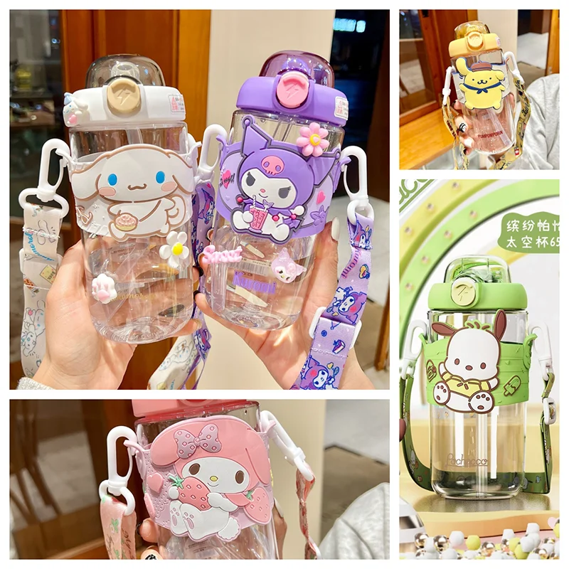 

650ml Sanrios Kuromi Water Bottle Transparent Straw Anime Cartoon Cinnamoroll Cute Kettle Children Girl Y2k Large Capacity Gift