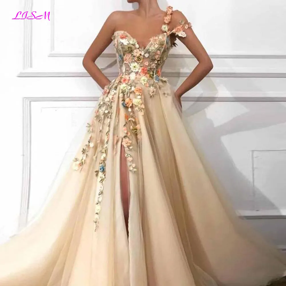 

Elegant One Shoulder Prom Dresses Long 3D Floral Lace Applique Beaded Formal Evening Gowns Party Dresses with High Split