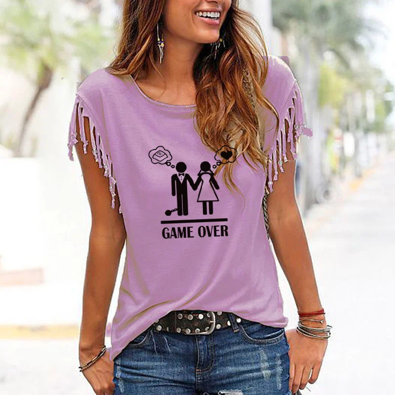 

Summer new print Funny Wedding Gift T-shirt game men's and women's Marriage Humor short sleeve tassel knot T-shirt women's top