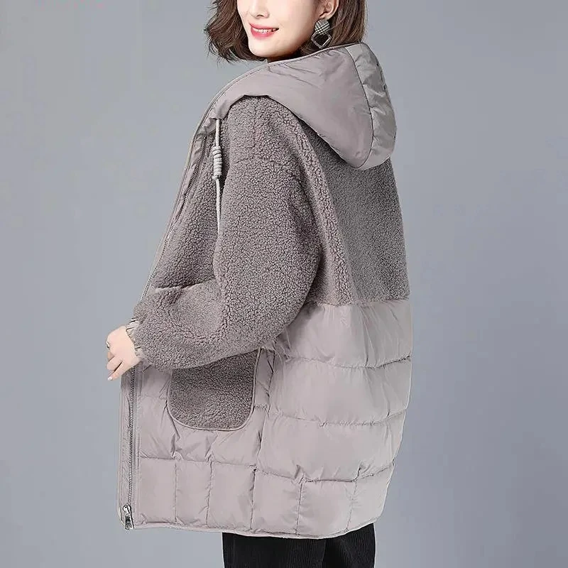 Down Cotton Jacket Women 2022 Winter New Korean Fashion Loose Casual Padded Coat Large Size Hooded Imitation Lamb Wool Outerwear