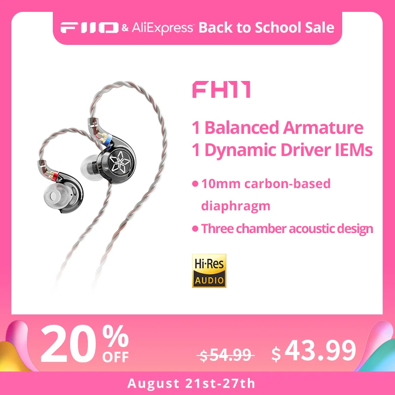 FiiO FH11 HiFi 1DD + 1BA гибридные наушники-вкладыши со съемным кабелем 0,78 2Pin, проводные Hi-Fi стереонаушники для музыкантов