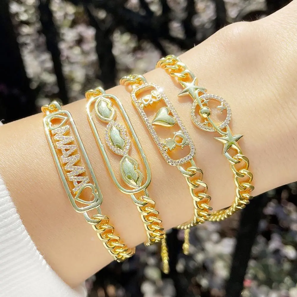 

Hip Hop Bracelet Female Cuban Chain Letter Lips Planet Star Stitching Metallic Copper Cubic Zirconia Charm Bracelets for Women