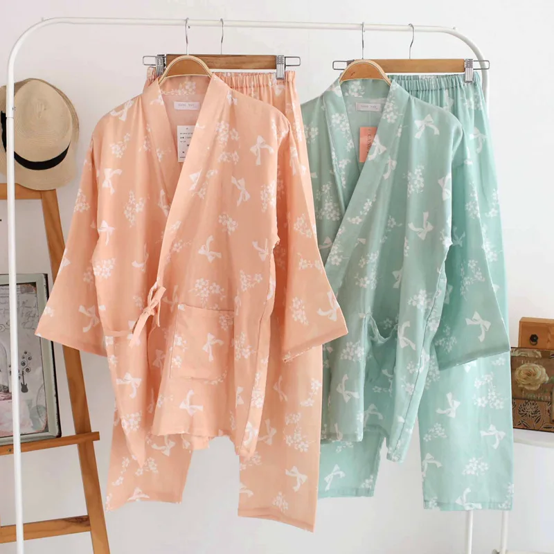 Japanese Kimono Women Traditional Japanese Yukata Robe and Pants Double Layered Cotton Gauze Pajamas Set