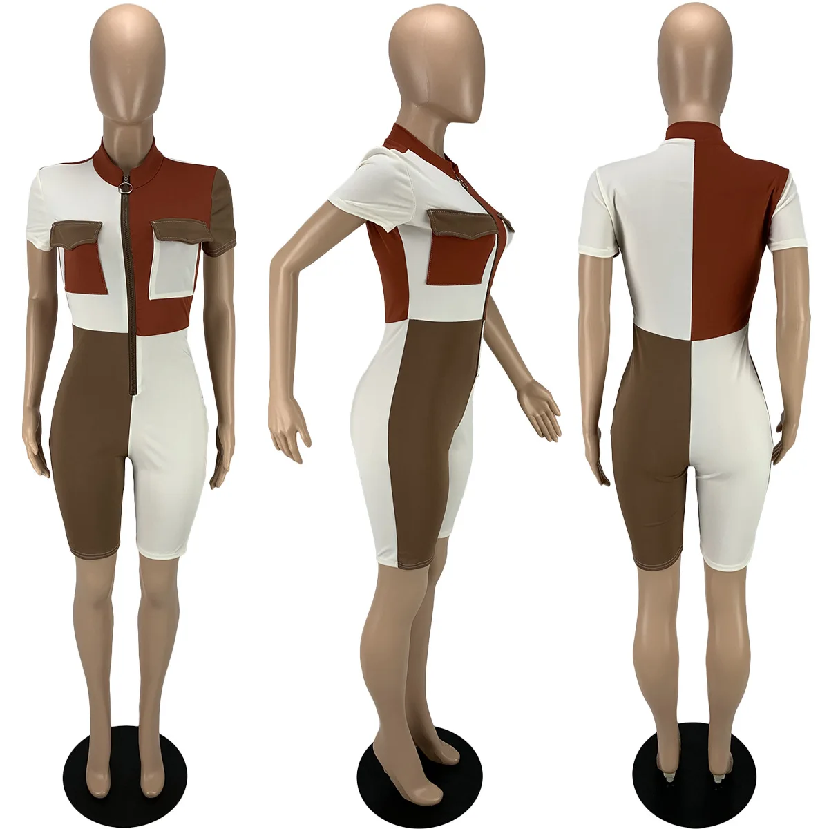 Женский Байкерский комбинезон CM.YAYA Облегающий в стиле пэчворк на молнии с