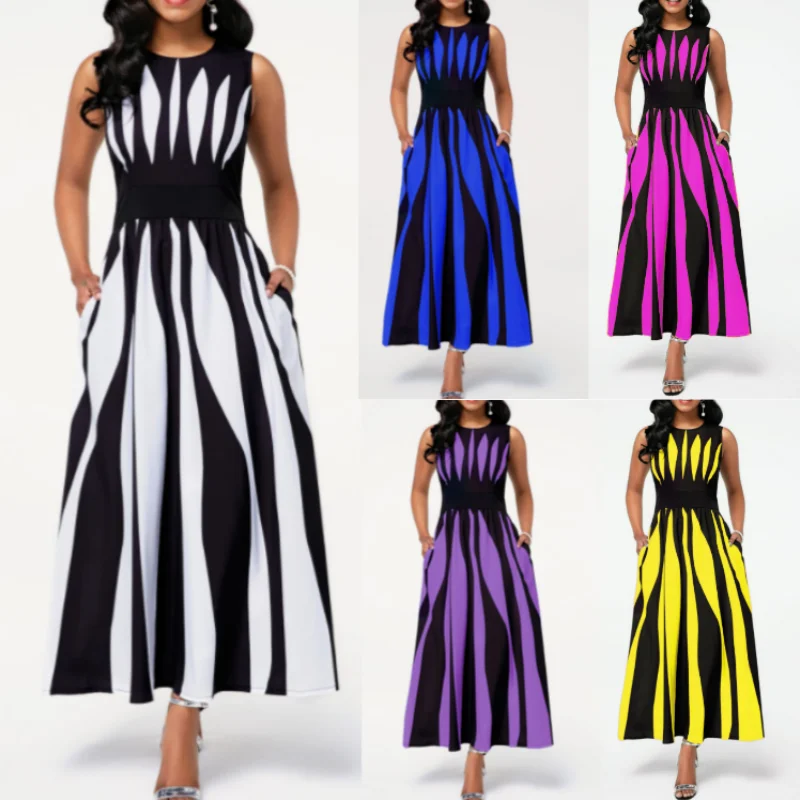 

Женское облегающее платье-трапеция, элегантное модное платье в полоску без рукавов с круглым вырезом, лето 2023