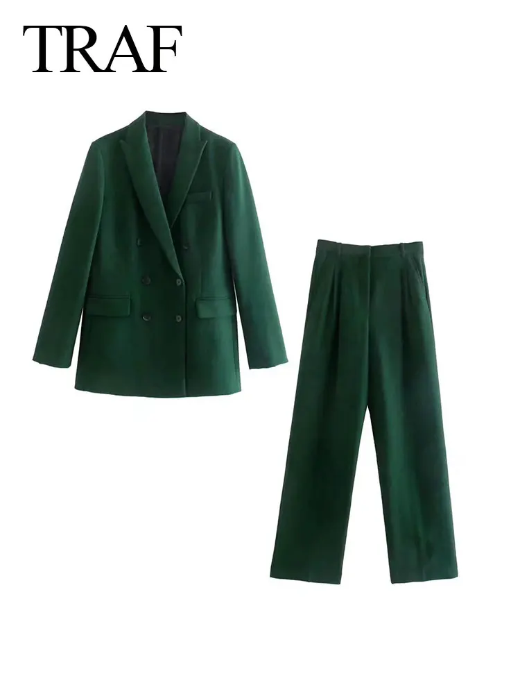

TRAF ZA Women's Suit Fashion Double Breasted Lapel Pocket + High Waist Straight Pants Two Piece Solid Elegant Office Workwear