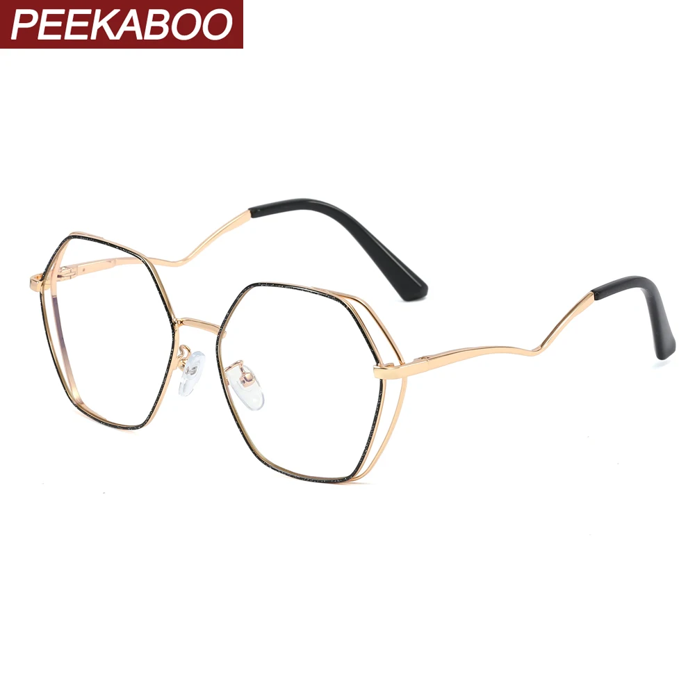 

Peekaboo blue light blocking glasses female hexagonal ladies fashion big glasses frame women metal hollow clear lens blue pink