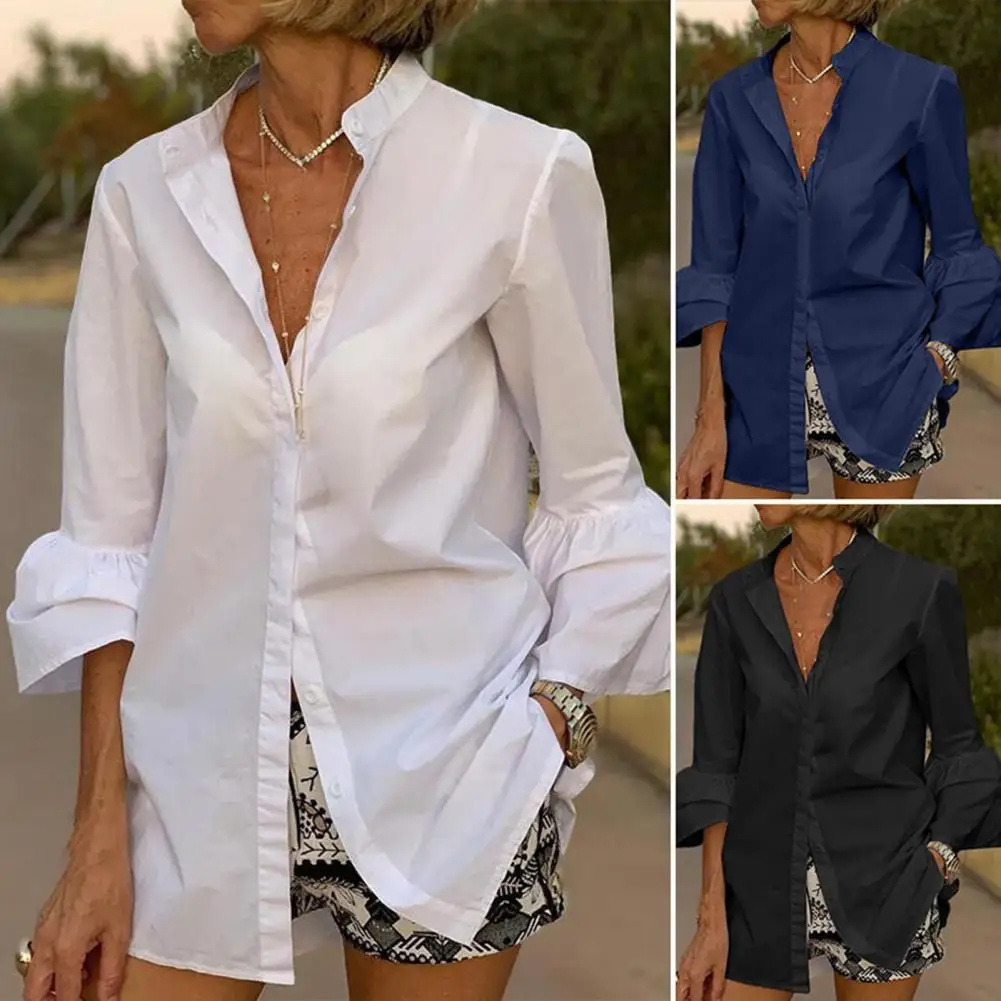 

Office Lady Shirt Solid Color Stand Collar Flare Sleeve Spring Autumn Single Breasted Blouse for Daily Wear