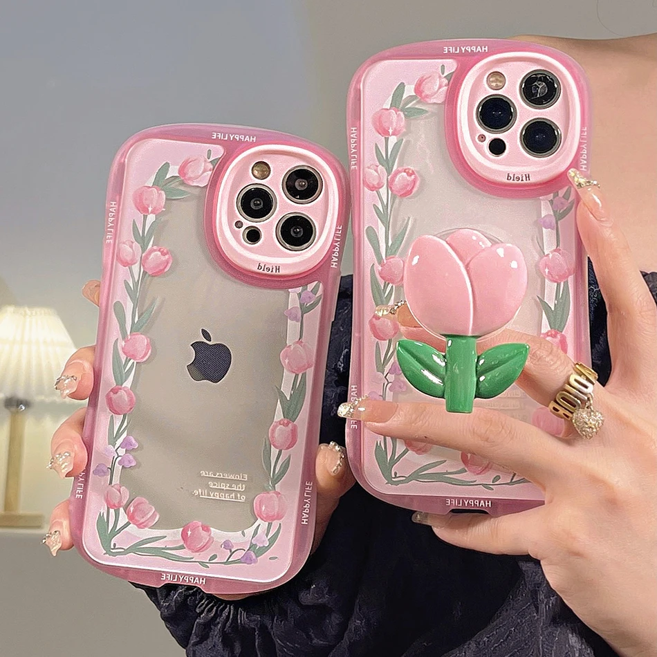

For iPhone 13 Small Fresh Pink Tulips Phone Case For iPhone 12 11 Pro Max X XR XS Max Small Waist Two-In-One Soft TPU Cover
