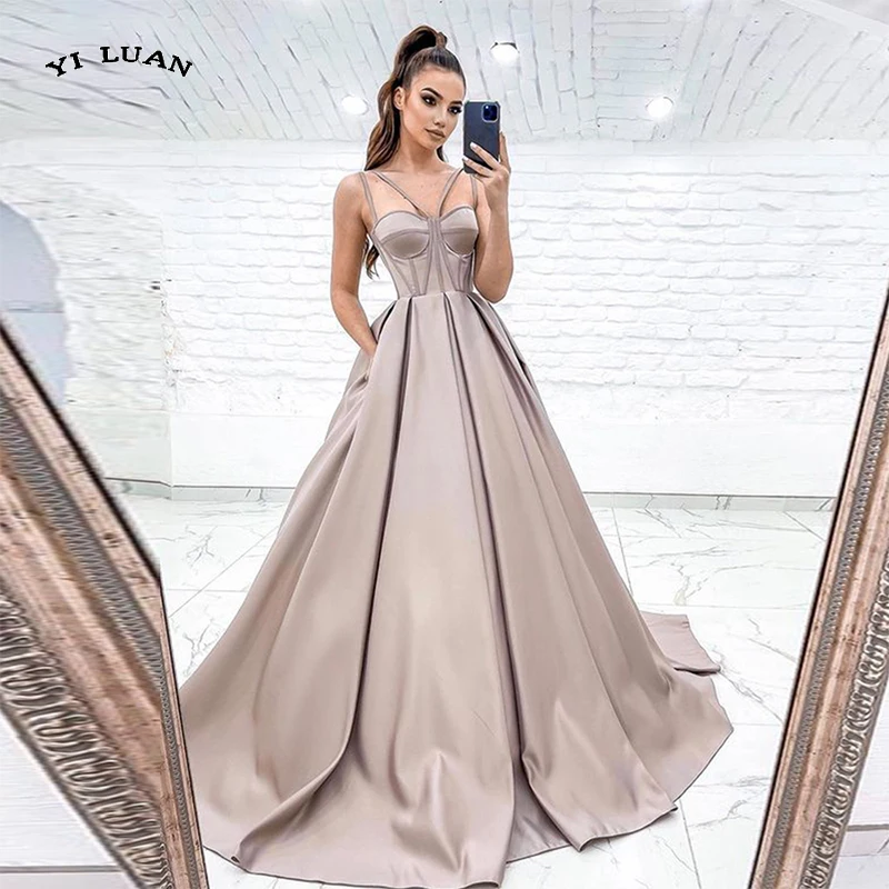 

Satin Spaghetti Straps Long A-Line Evening Dress Sleeveles 2022 Dubia Formal Party Dress Prom Gowns Sukienka Wieczorowa