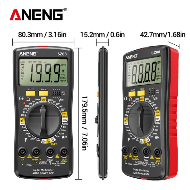 

ANENG SZ08 Digital Multimeter Ultra-thin Storage Professional Multimetro Auto Voltmeter AC DC 220V Resistance Handhold Testers