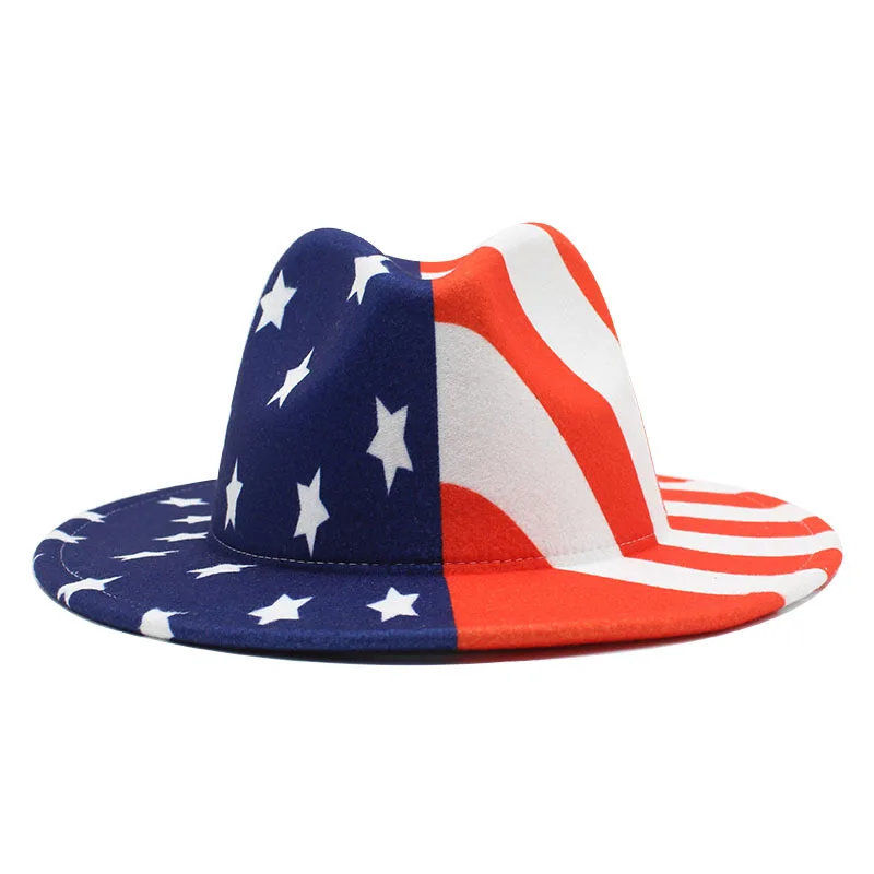 

Fedora Hat Wool Caps USA Flag Women Men Hats Trilby Hat Derby Cap Jazz Fedoras Hat Wedding Church Bowler US Flag Felt Panama Cap