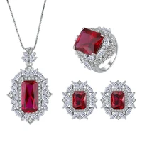 new fashion trend s925 silver ladies personality pigeon blood red treasure square pendant ring earring three piece suit